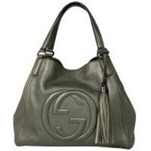 Gucci Soho Shoulder Bag Tote Interlocking GG Metallic Leather Green